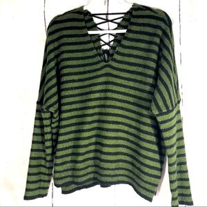 Women’s ANA Army Green Striped V Neck  Sweater